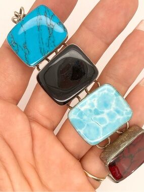 Multi Stone Taxco Mexico Silver Turquoise Onyx Agate Coral Stone Bracelet 46.1g